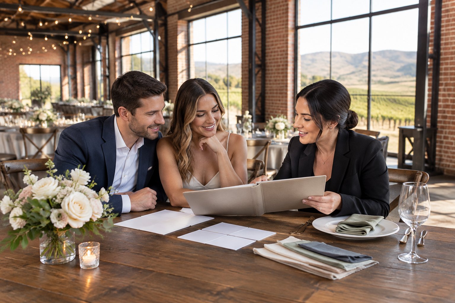 A couple and venue coordinator review wedding plans at a table in an industrial venue.