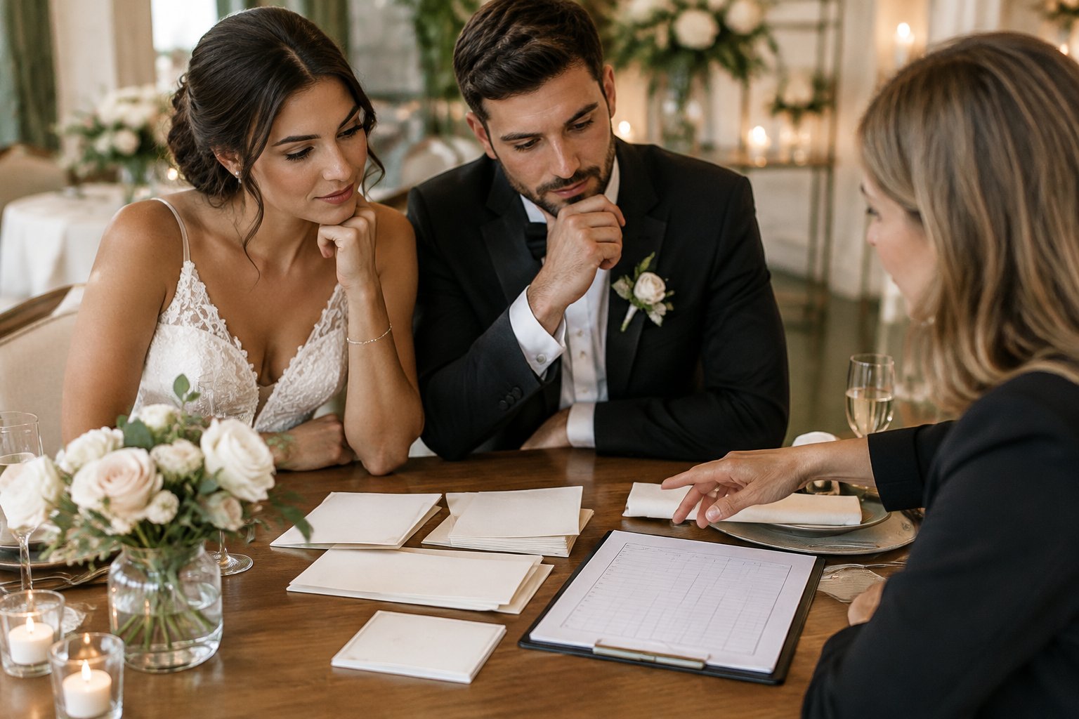 A couple and wedding planner review invitations and a guest list at a table.