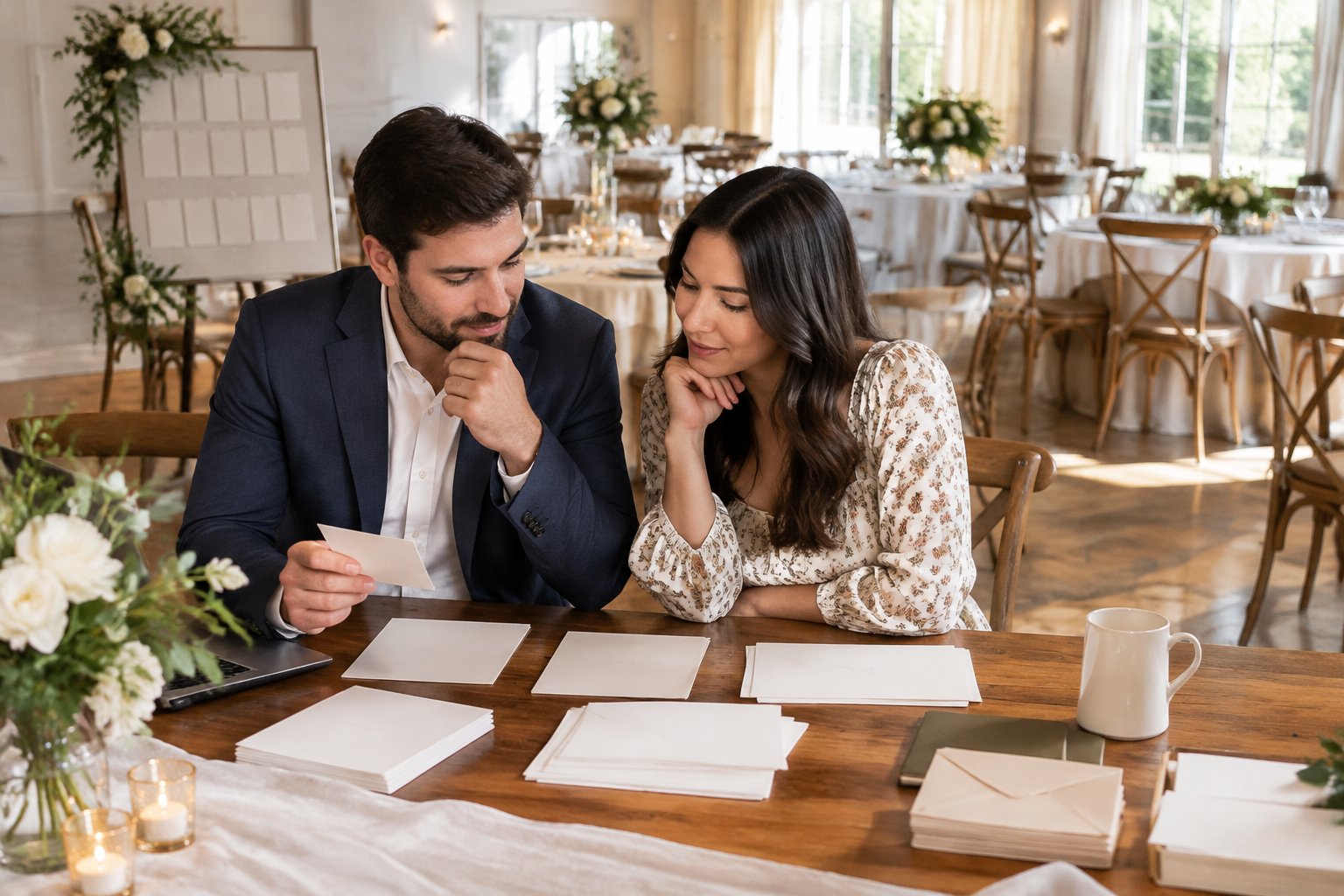 A couple reviews wedding RSVP cards at a reception venue.
