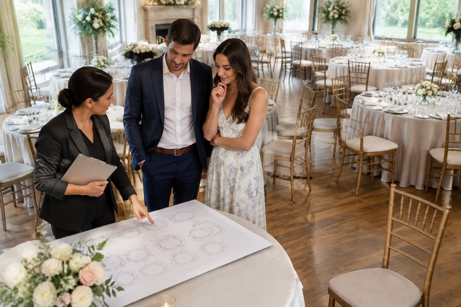 A couple and wedding planner review a reception seating arrangement with tables and chairs.