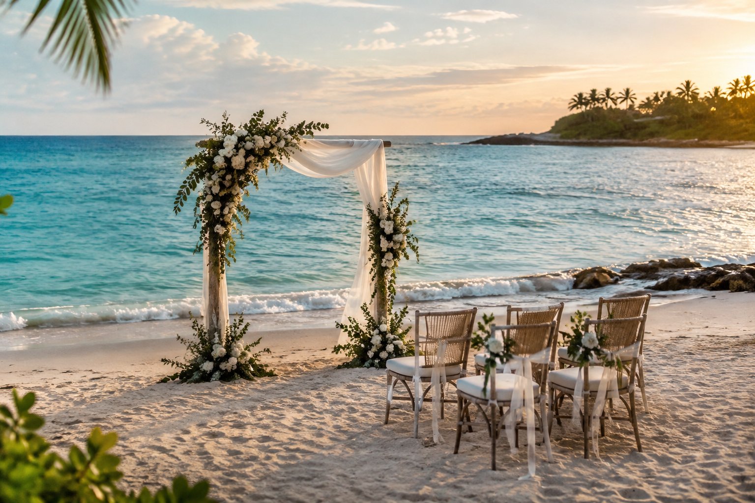 A small wedding ceremony setup on a sandy beach beside the ocean.