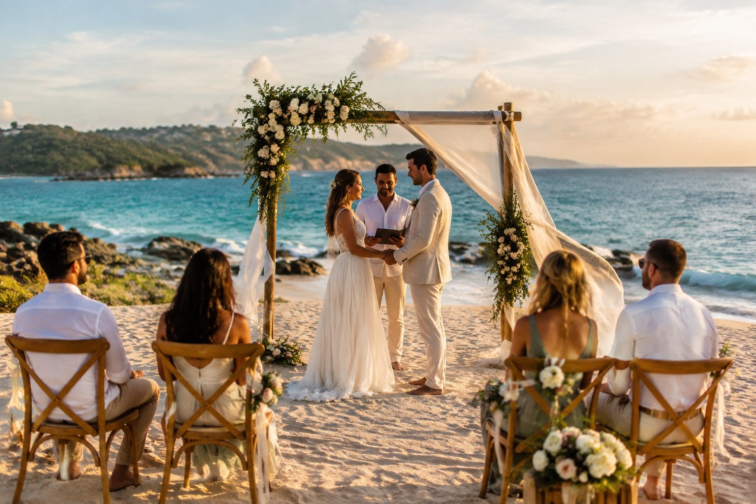 A couple exchanges vows beneath a flowered arch on a secluded beach with a few guests nearby.