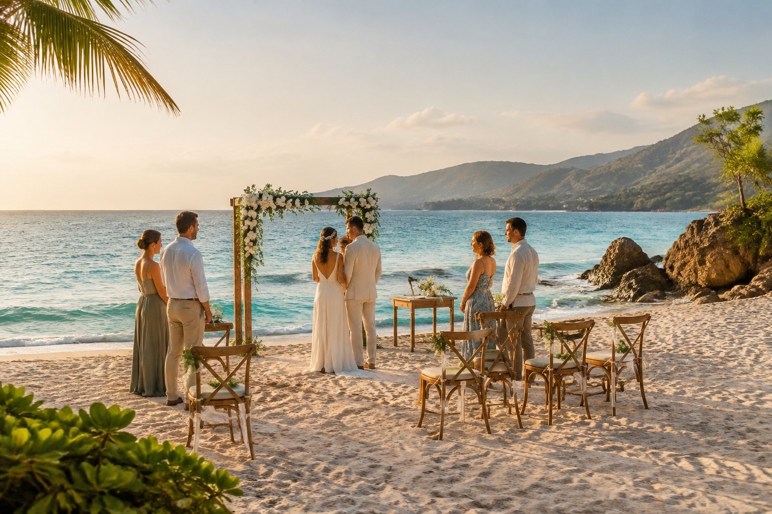 A couple stands beneath a flower-decorated arch on a beach as a small group gathers nearby.