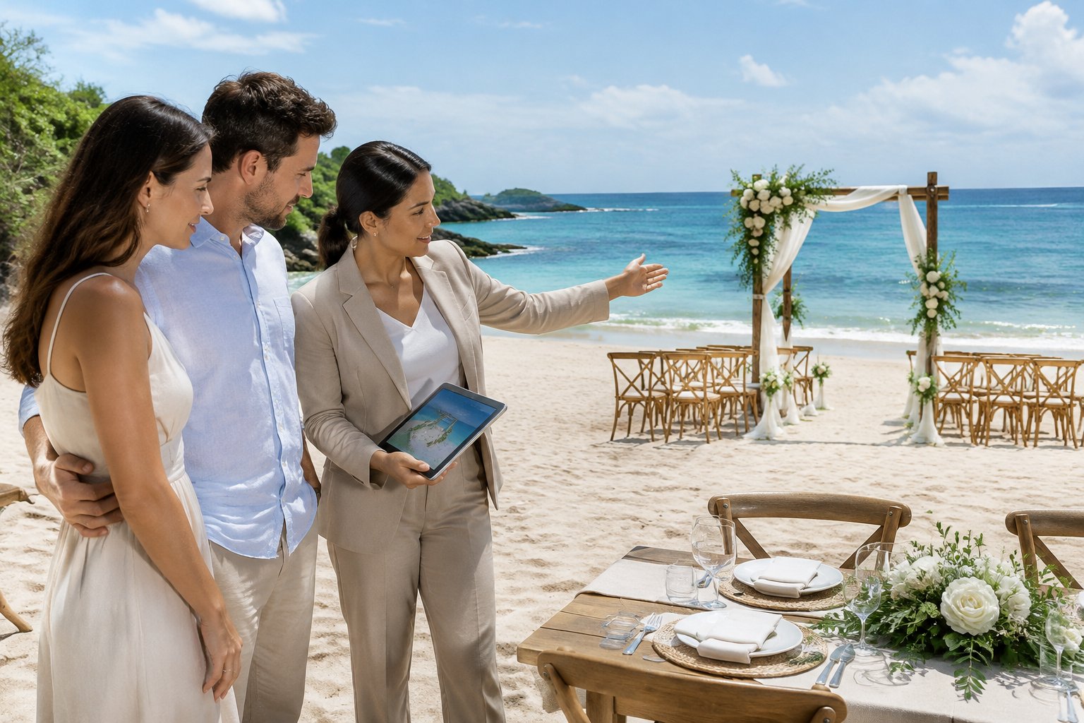 A couple and a venue coordinator review a small wedding setup on a tropical beach.