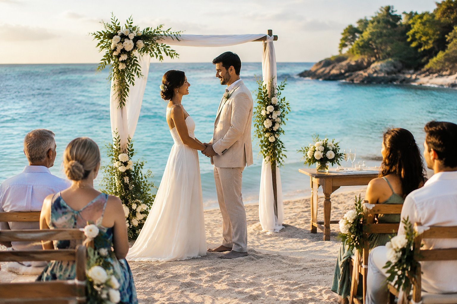 A couple exchanges vows on a tropical beach as a small group of guests watches.