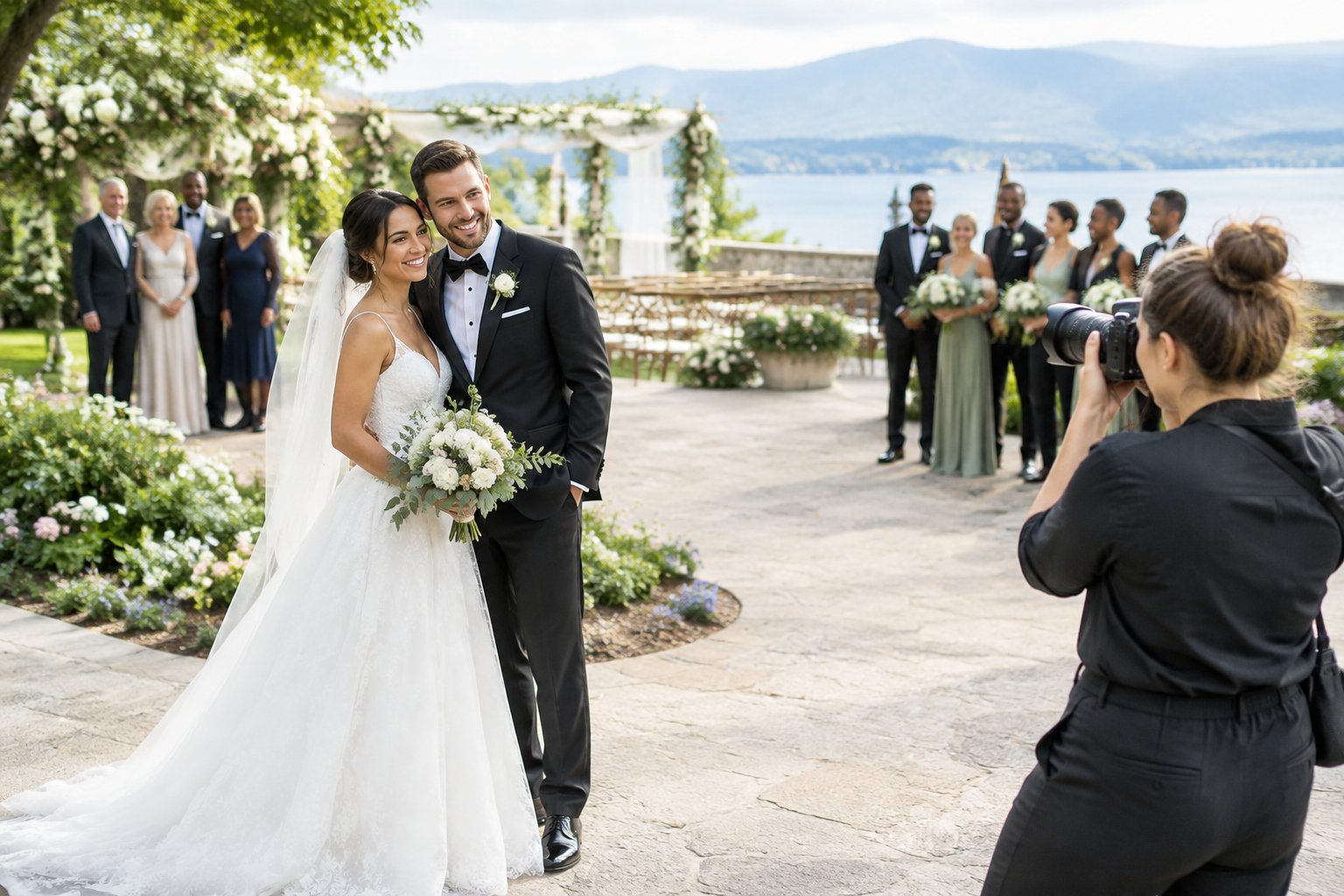 A photographer takes portraits of a newlywed couple while their wedding party and family gather nearby.
