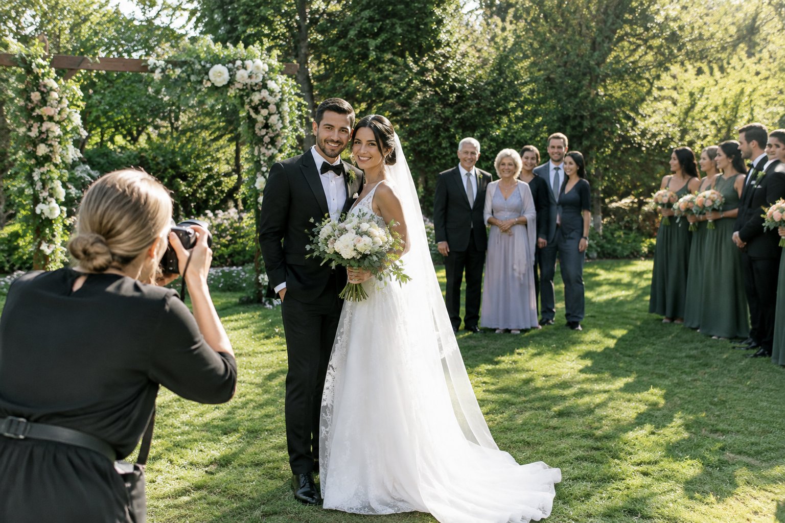 A newly married couple poses for a photographer while family and wedding party members wait nearby.