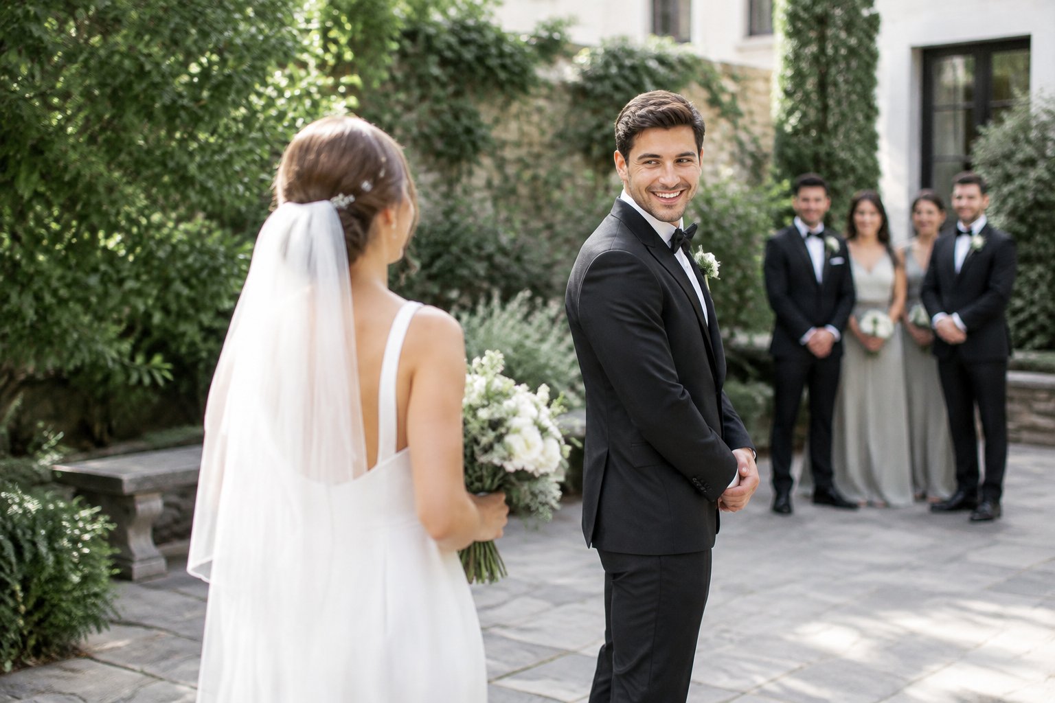 A bride and groom share a first look in a garden while a photographer captures the moment.