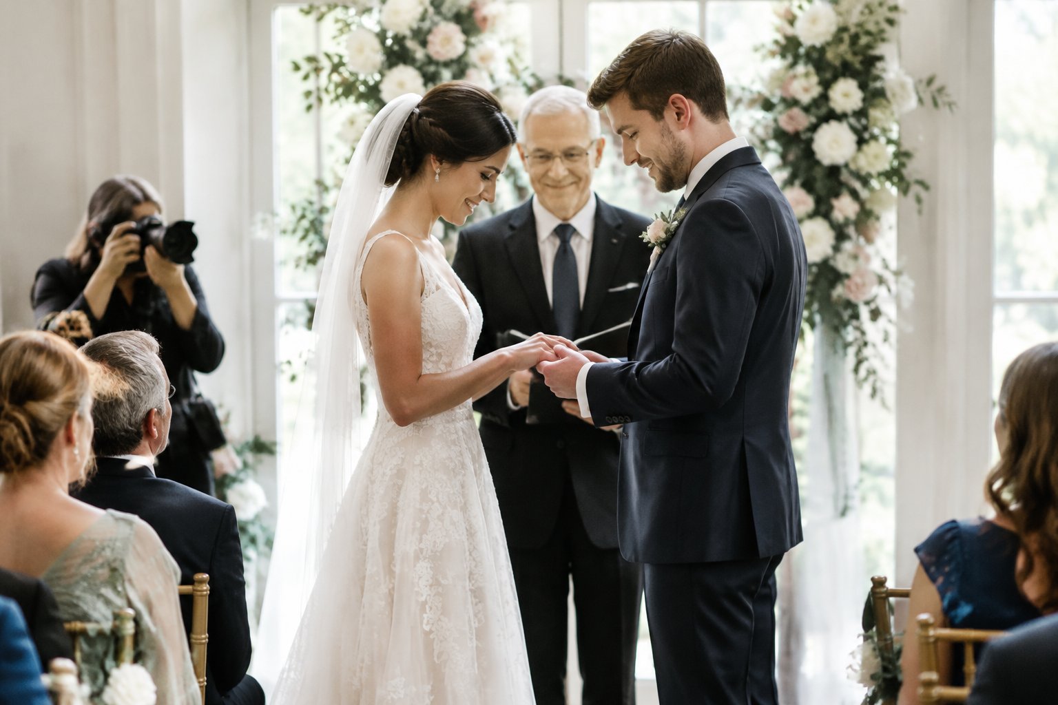 A couple exchanges rings at the altar as a photographer captures the wedding ceremony.