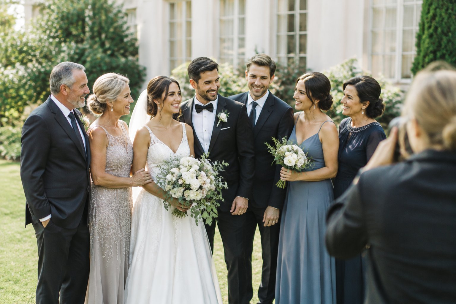 A newlywed couple poses with their family in a garden.