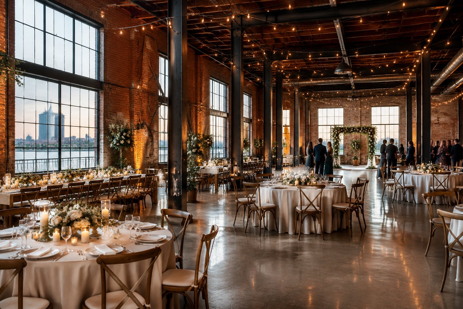 A decorated wedding reception inside a brick-and-steel warehouse venue.