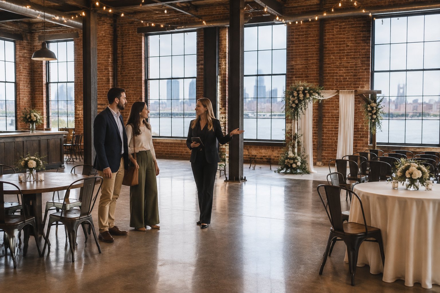 A couple tours a brick industrial wedding venue with a coordinator.