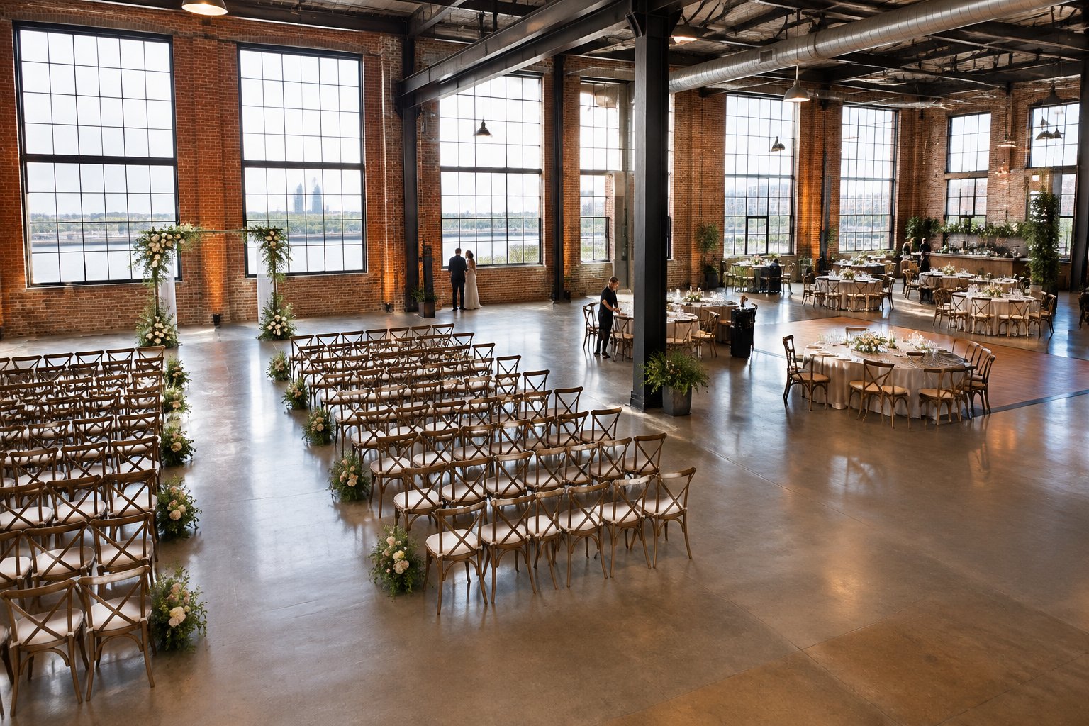 A wedding venue with ceremony chairs and reception tables arranged in separate areas.