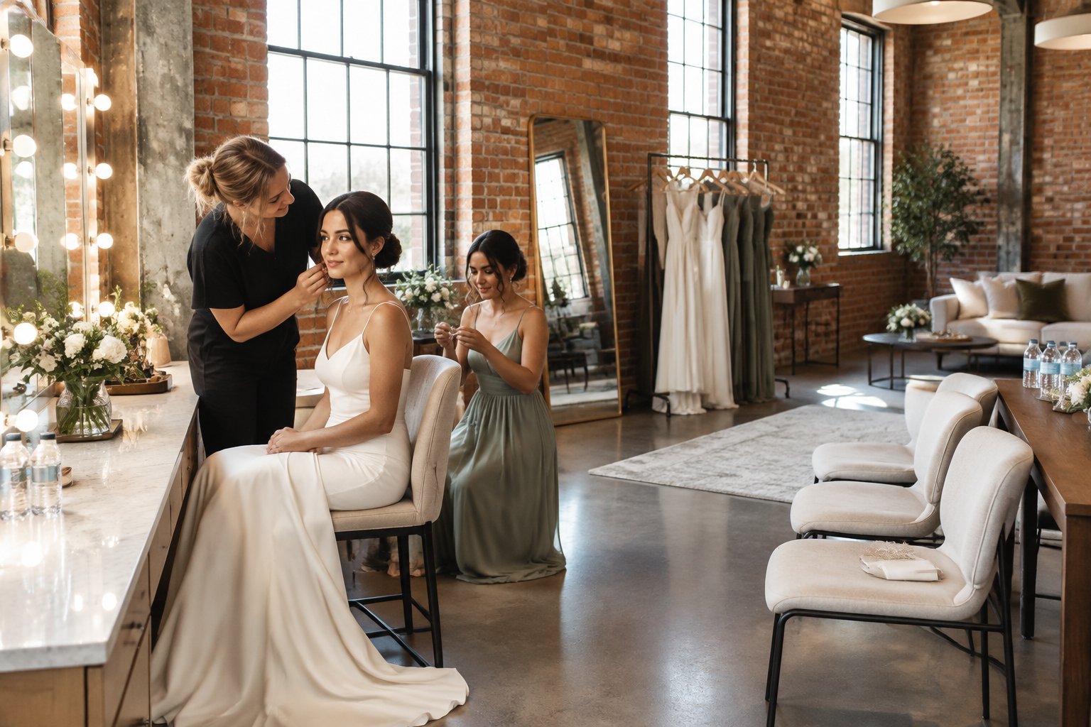 A bride gets ready with a stylist and bridesmaid in a bright brick-walled wedding suite.