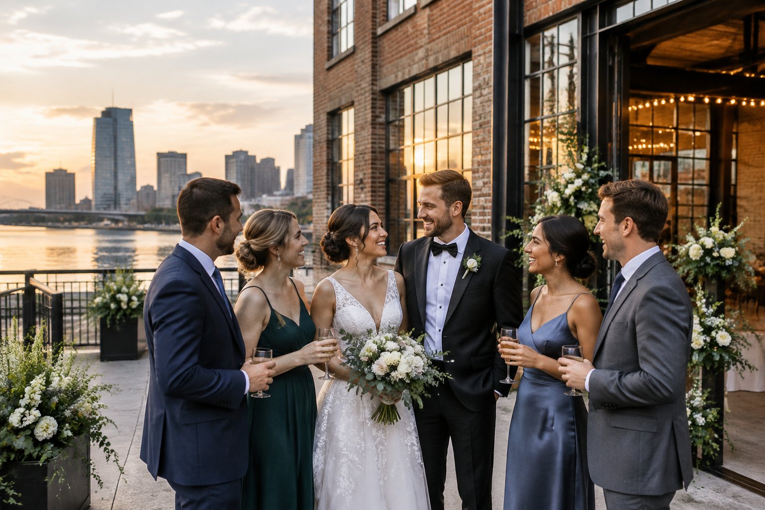 A newly married couple and guests gather outside a brick industrial wedding venue in downtown Toledo.