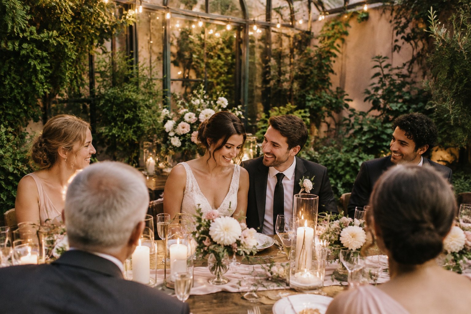 A newly married couple celebrates with guests around a decorated table in a garden venue.