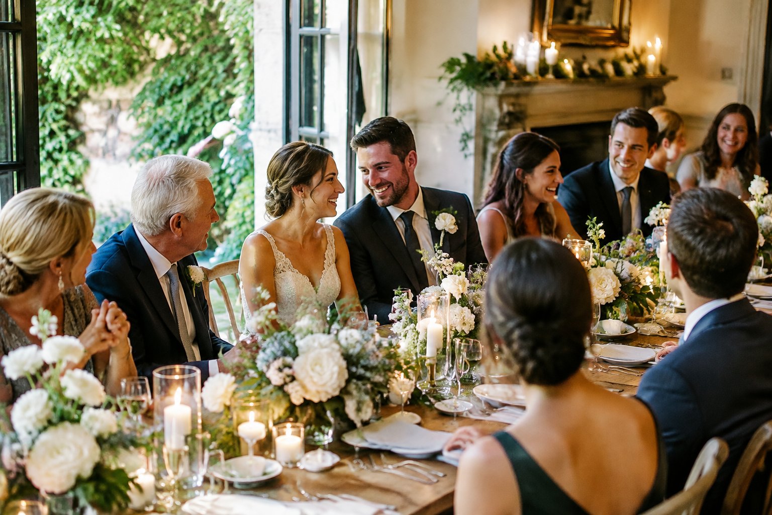 A couple celebrates with guests at a small wedding reception.