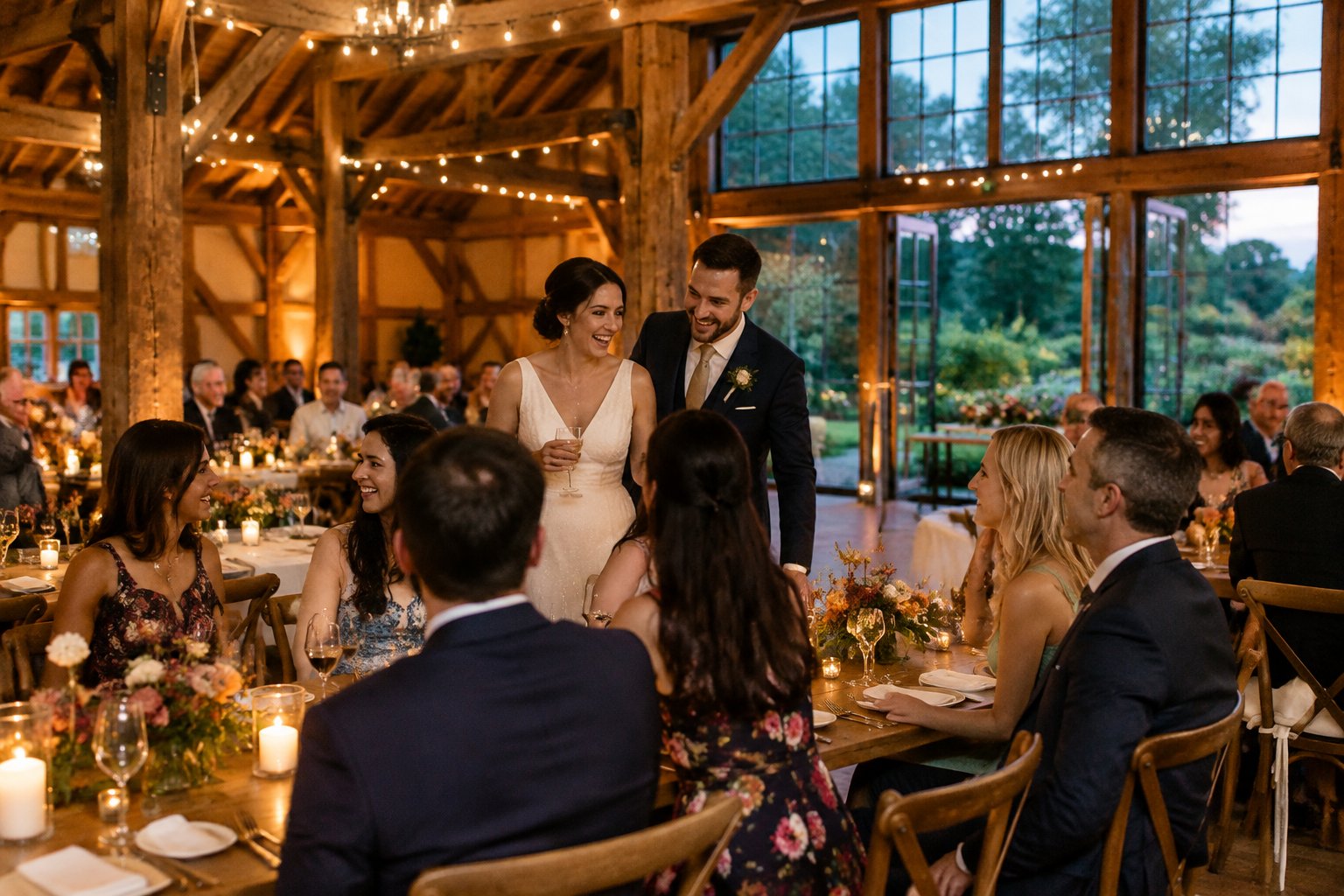 A couple celebrates with guests at a warmly lit wedding reception in a barn.
