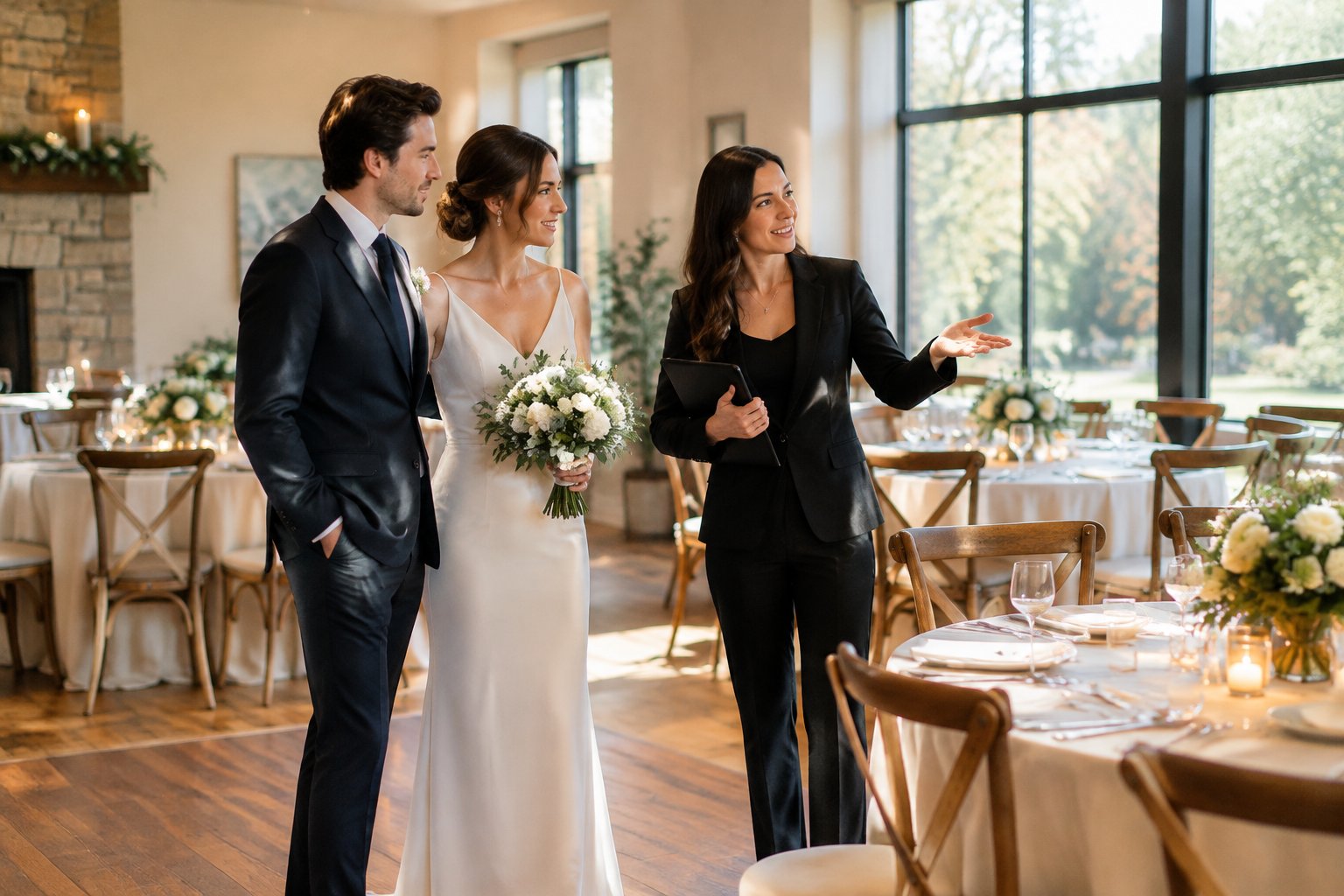 A couple in wedding attire discusses a small reception venue with a coordinator.