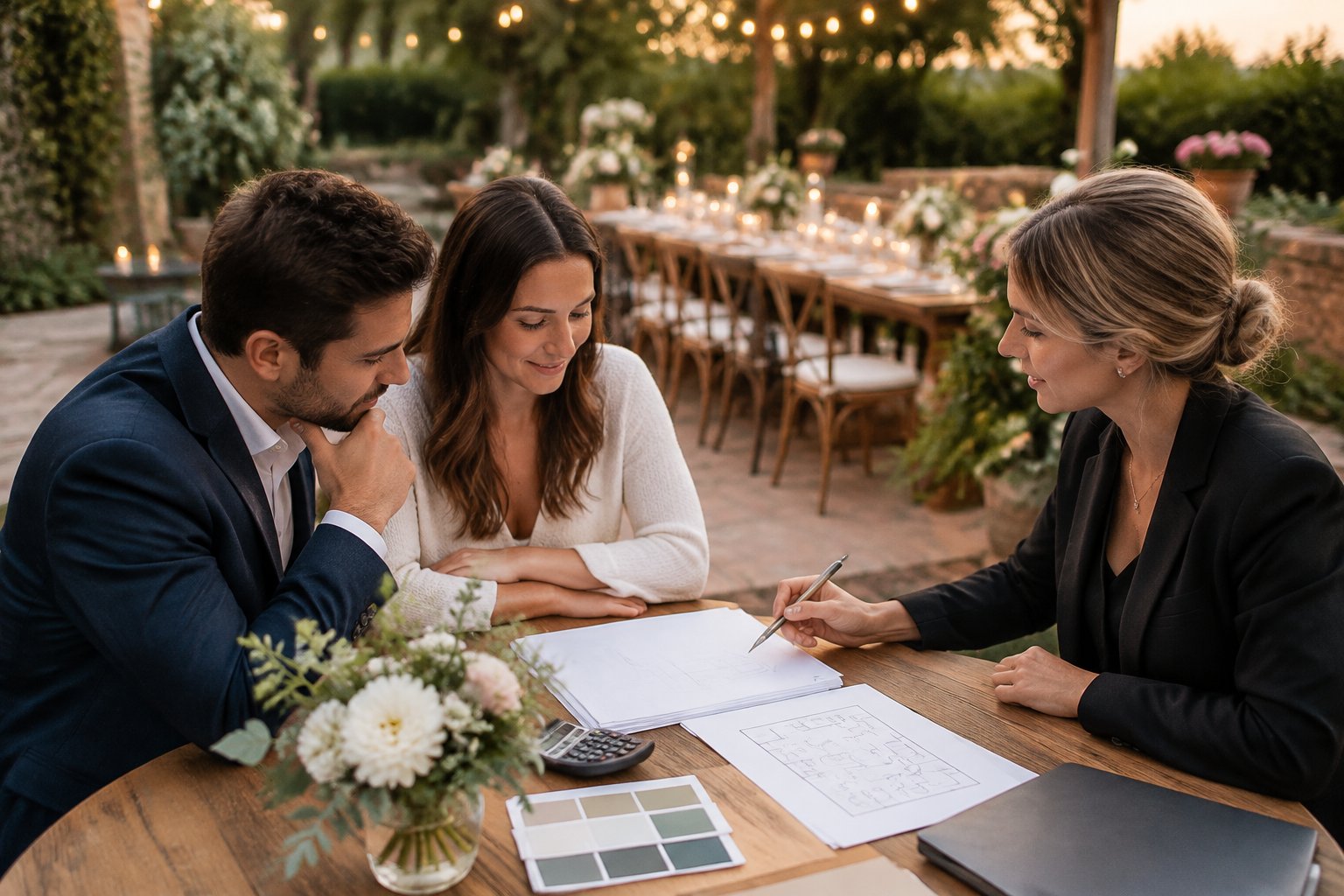 A couple and wedding planner review reception plans at a table in a small garden venue.
