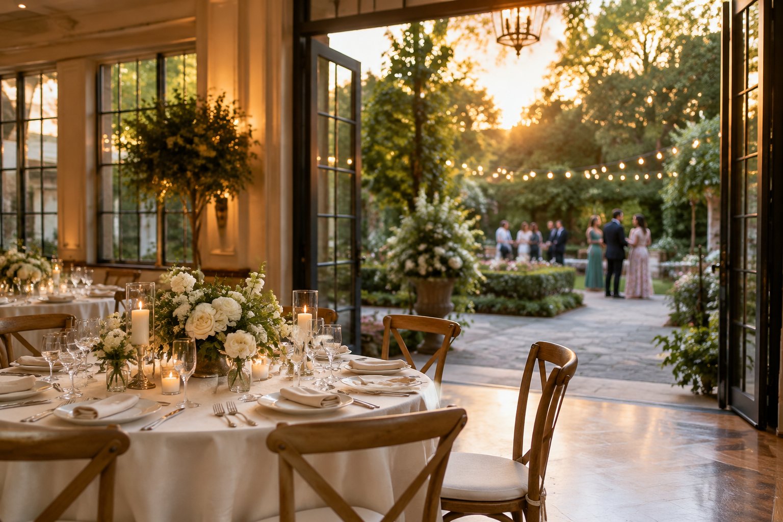 A wedding reception table beside open doors leading to a garden courtyard.