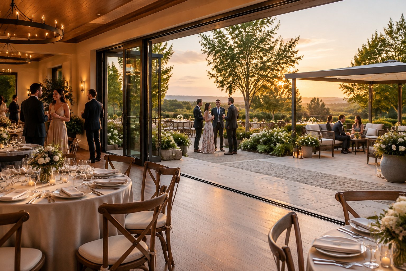 Wedding guests mingle between a reception hall and a garden terrace.