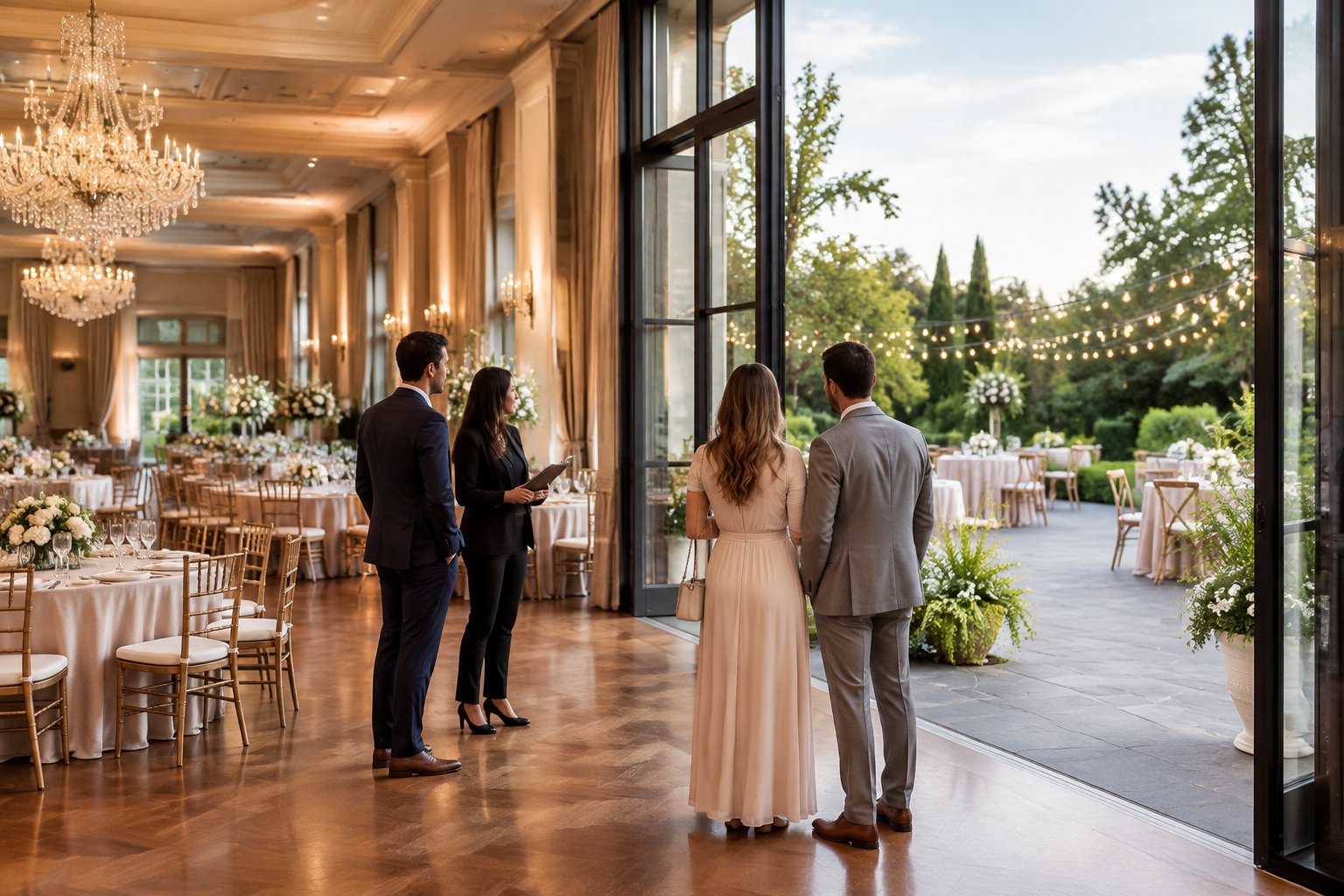 A couple compares a ballroom reception space with an adjoining garden terrace.