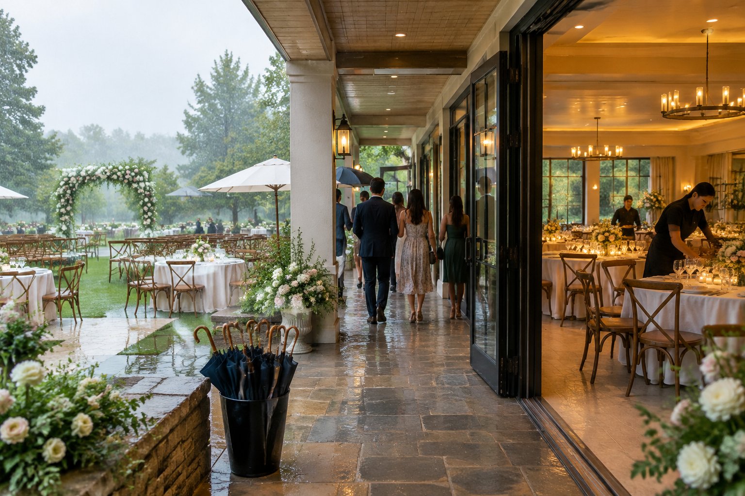 Wedding guests move from a garden reception into a warmly lit indoor venue as light rain falls.