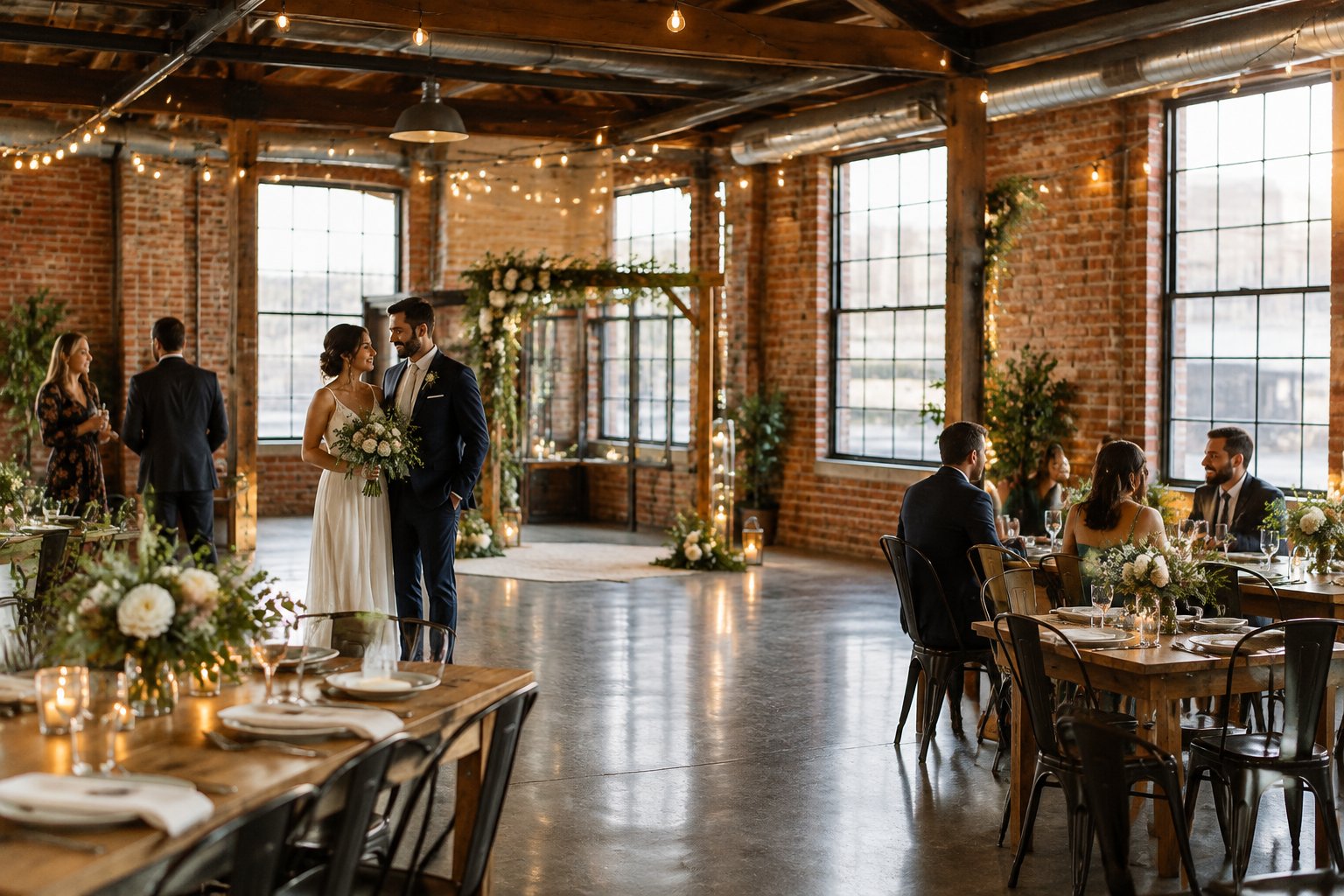 A couple celebrates with guests in a decorated warehouse wedding venue.