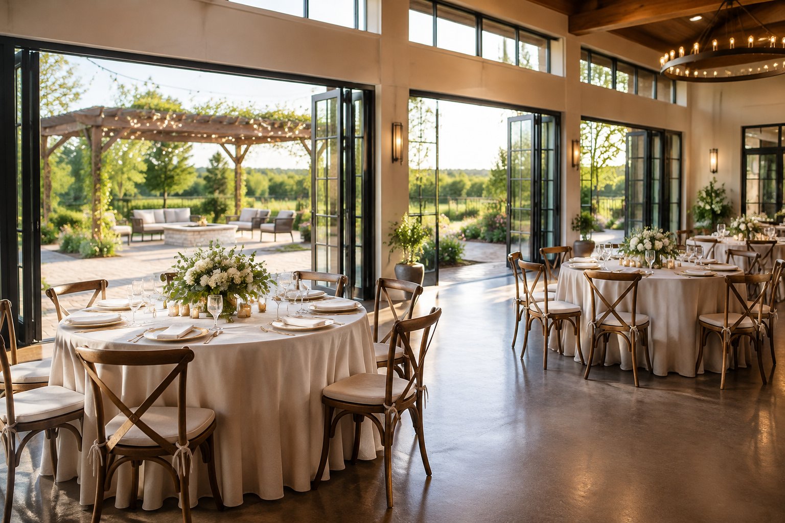 A decorated wedding reception room opens onto a landscaped outdoor patio.