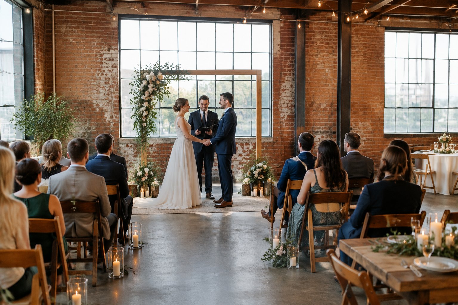 A couple holds a wedding ceremony in a decorated warehouse as guests watch.