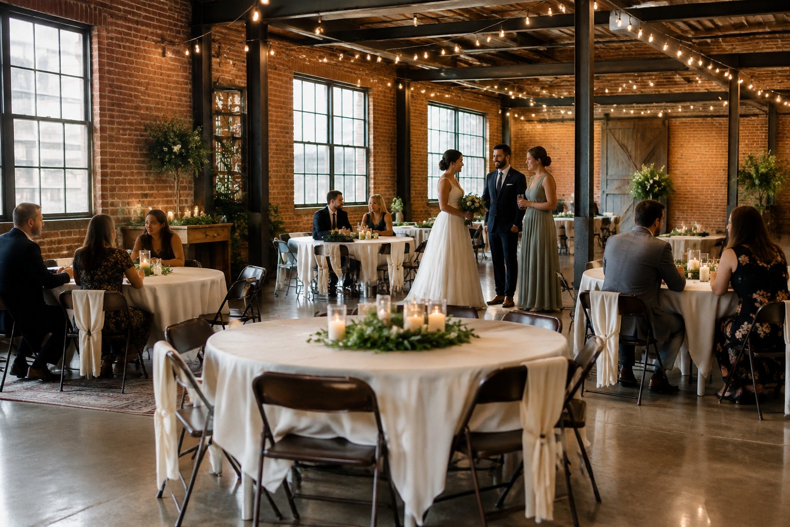Guests gather around tables at a small wedding reception.