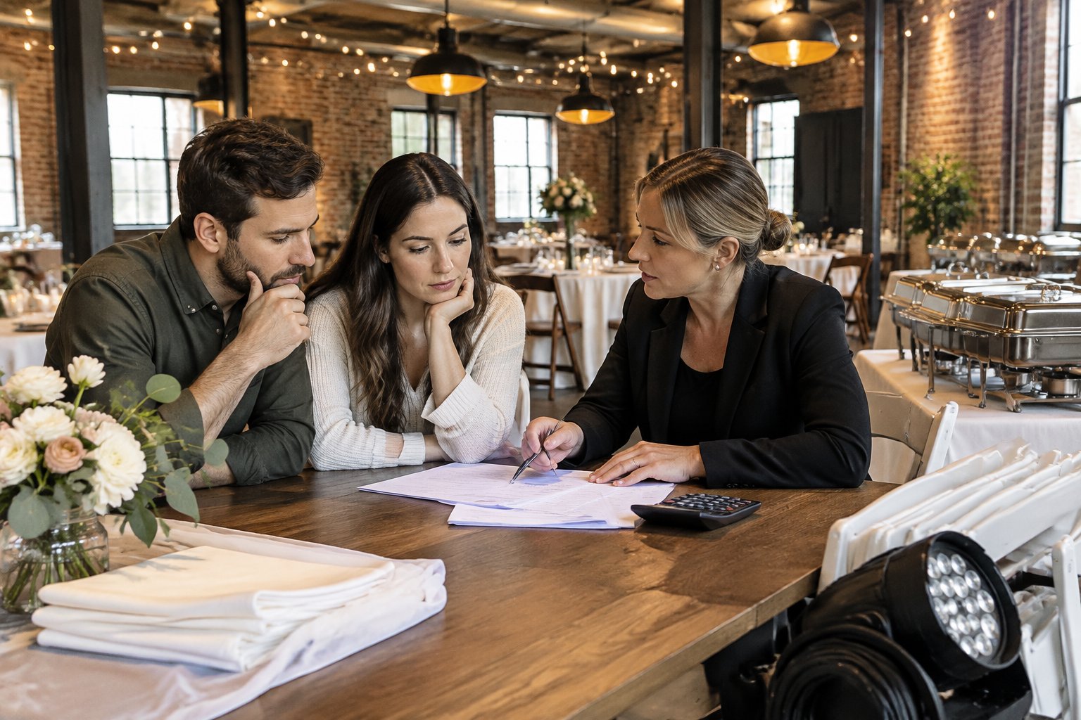 A couple and a venue coordinator review wedding expenses at an industrial event space.