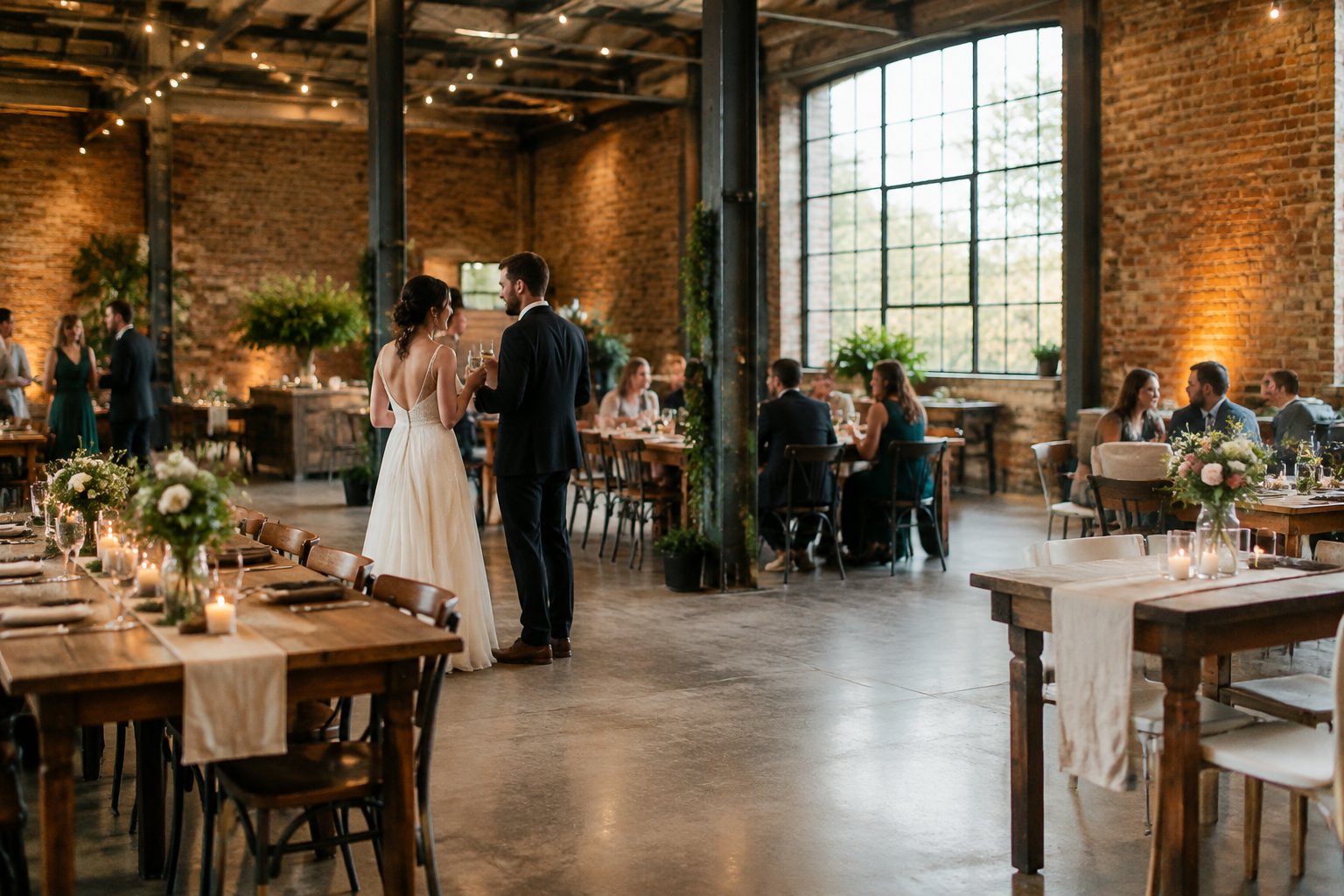 A couple and guests celebrate at a simply decorated reception in a brick warehouse.
