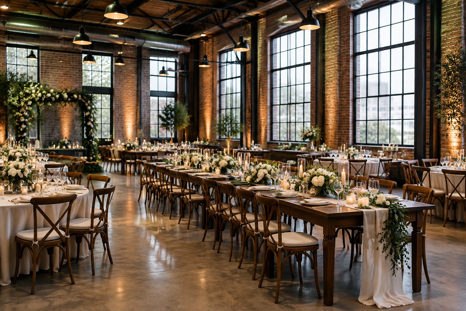 A wedding reception set up in a spacious venue with brick walls, tall windows, and decorated tables.