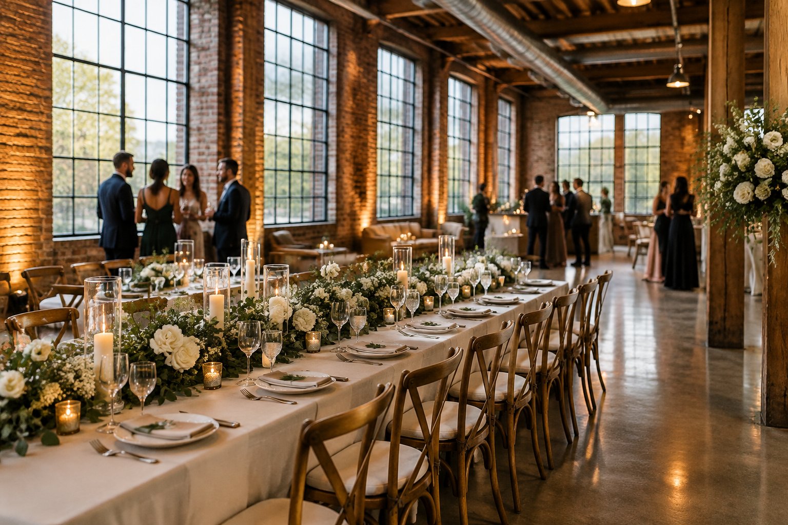 A wedding reception table inside a spacious venue with guests in the background.