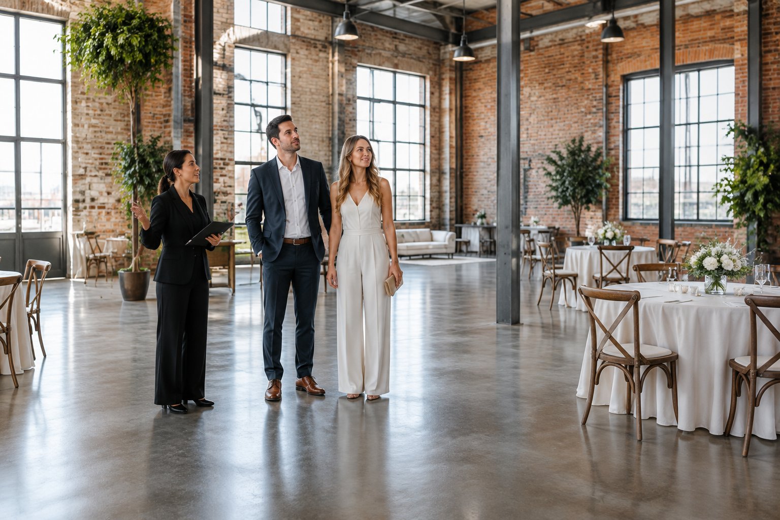 A couple and a coordinator look around a spacious warehouse set up for a wedding.