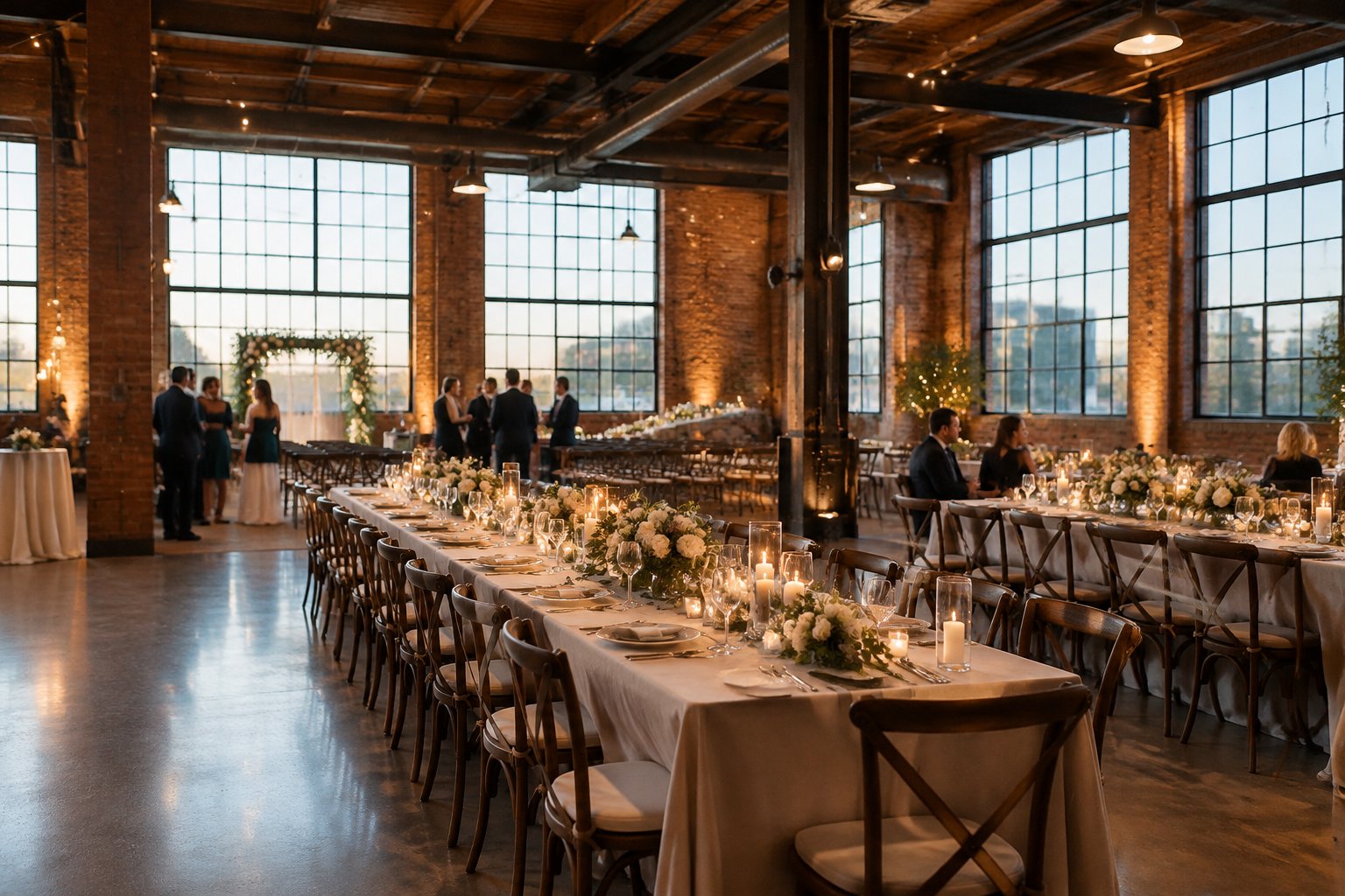 A wedding reception set up inside a spacious brick warehouse.