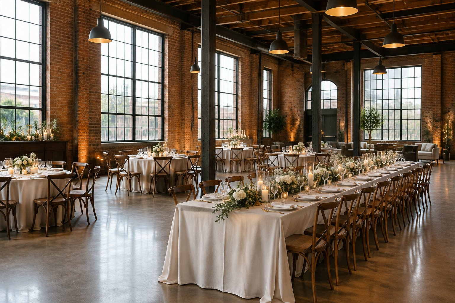 A decorated wedding reception set inside a spacious venue.