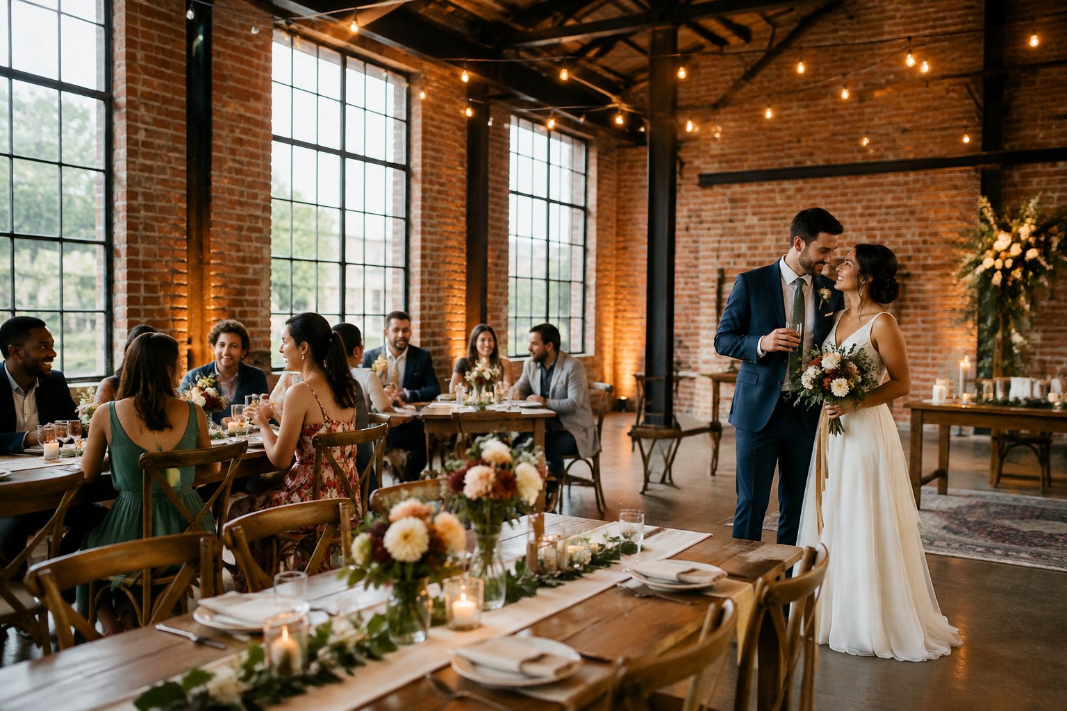 A couple celebrates with guests at a wedding reception in a converted warehouse.