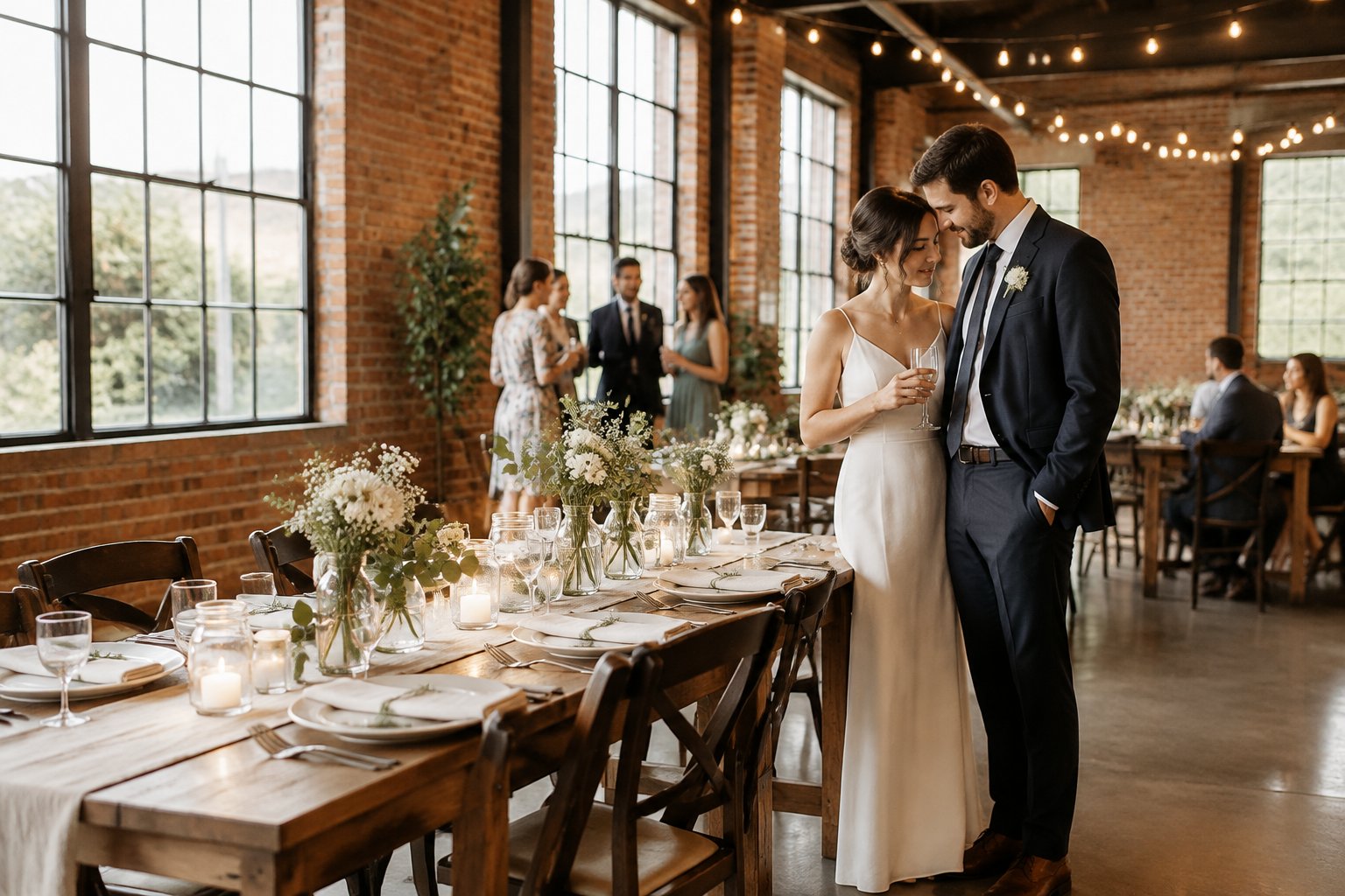 A couple stands beside a simply decorated wedding table in a brick warehouse.