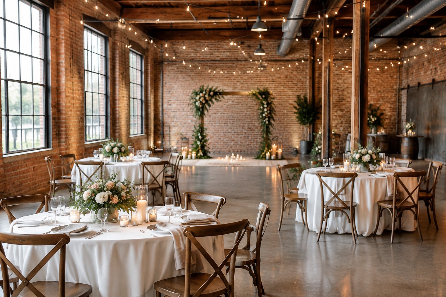 A wedding reception arranged in a brick-walled industrial venue.