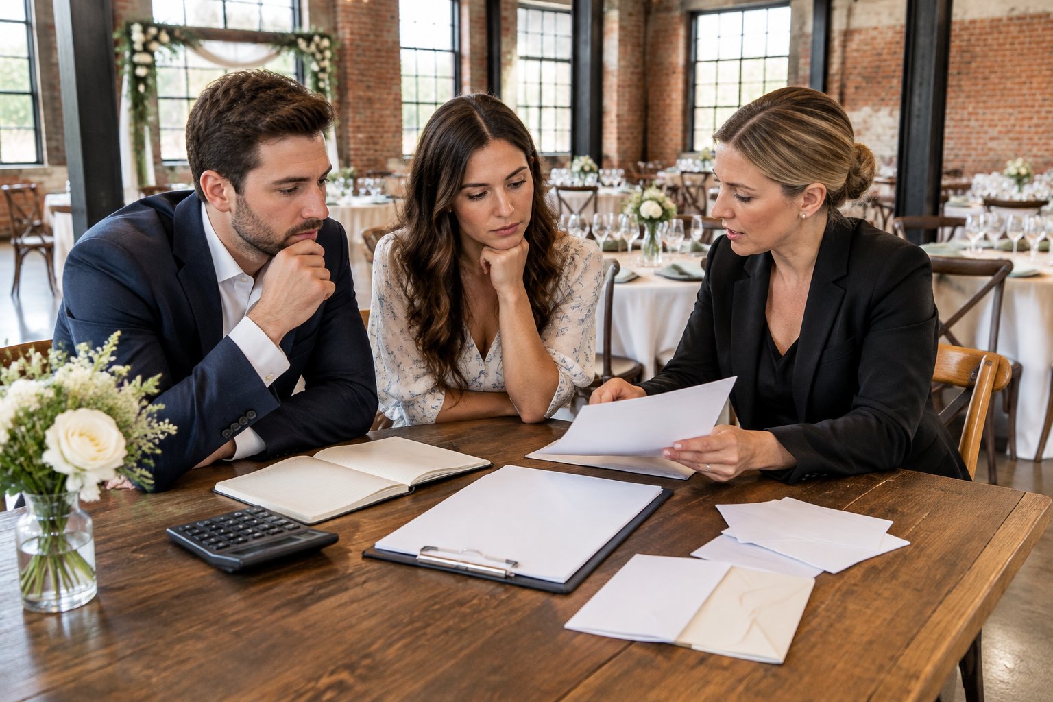 A couple reviews wedding expenses with a venue coordinator inside an industrial reception space.