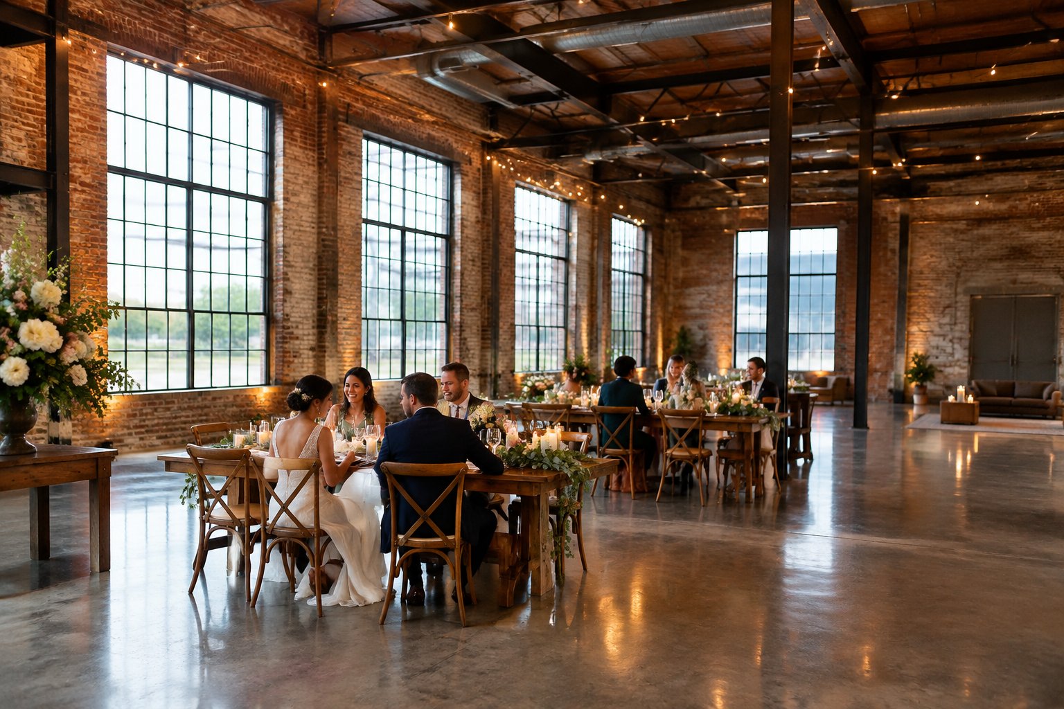 A wedding reception set up in a spacious warehouse with exposed brick and simple decorations.