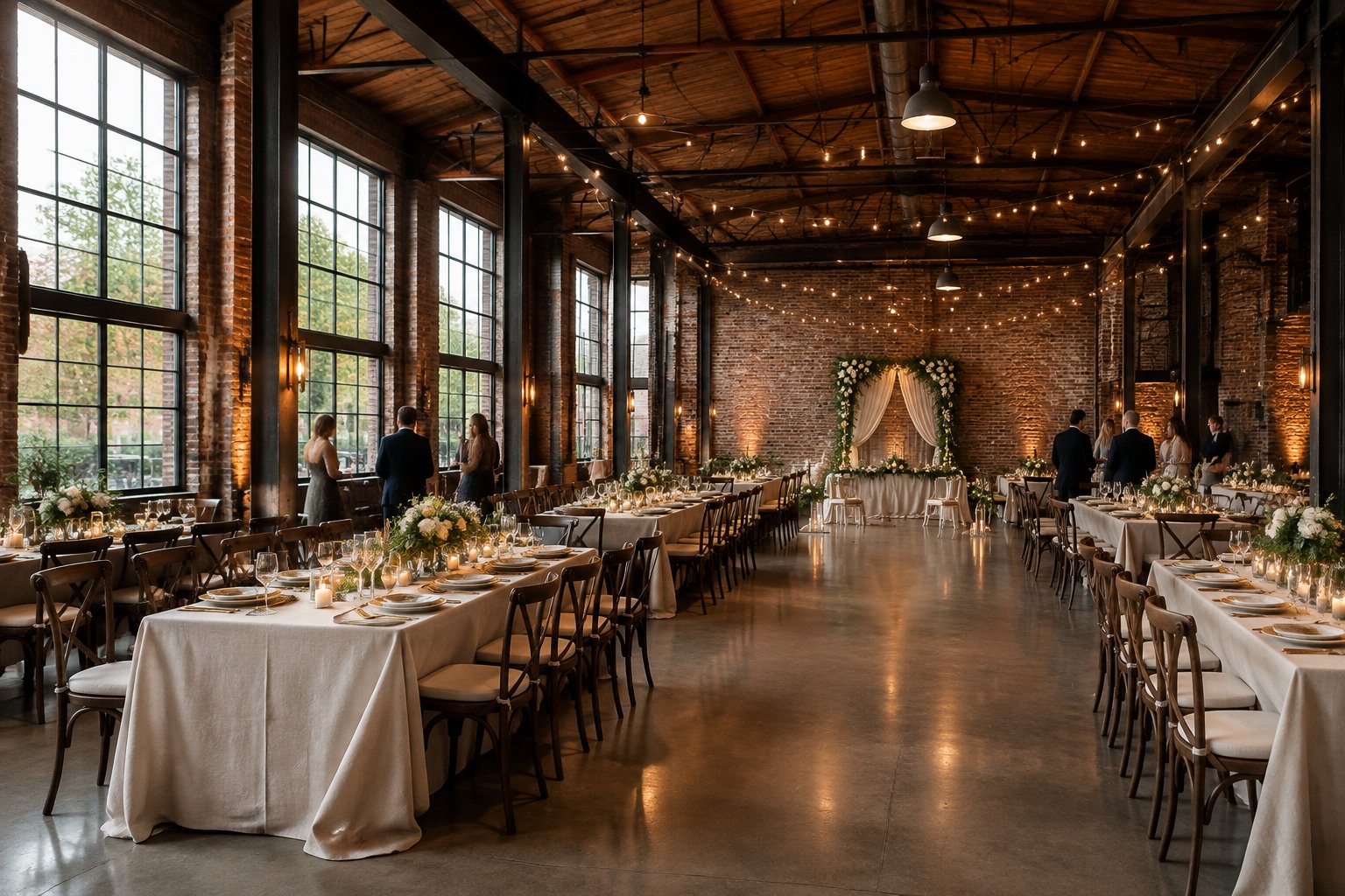 A wedding reception arranged in a spacious industrial venue.