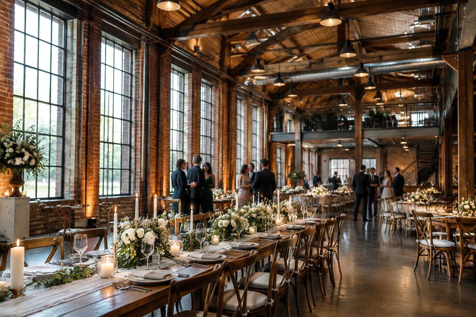 A wedding reception set inside a spacious brick-walled hall.