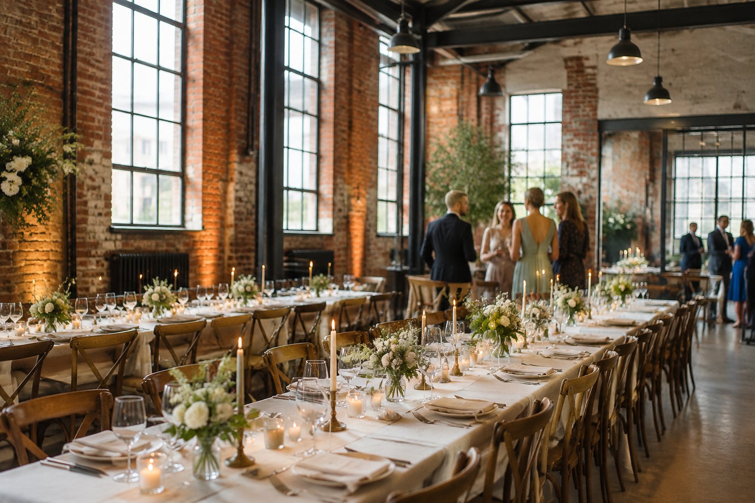 A wedding reception arranged inside a converted warehouse.