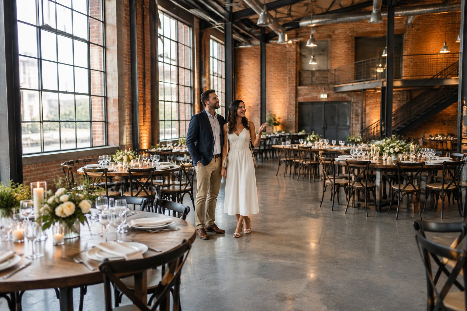 A couple tours a spacious warehouse venue set up for a wedding reception.