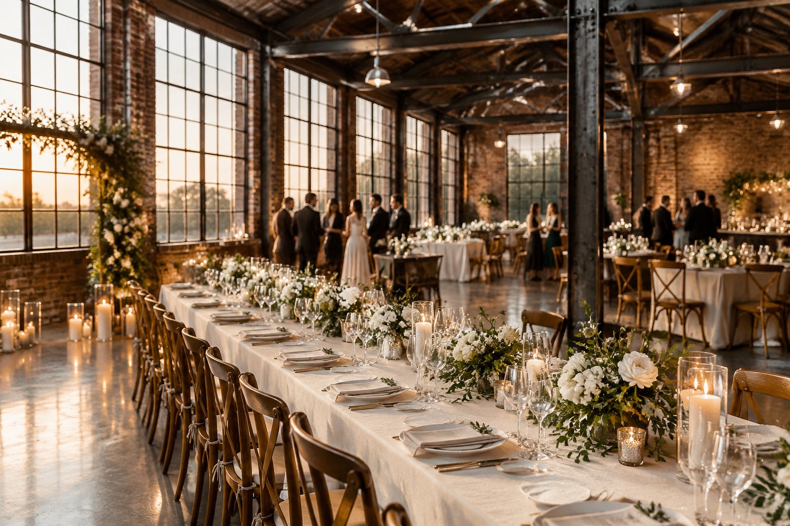 A decorated wedding reception in a brick warehouse with tables, flowers, and guests.