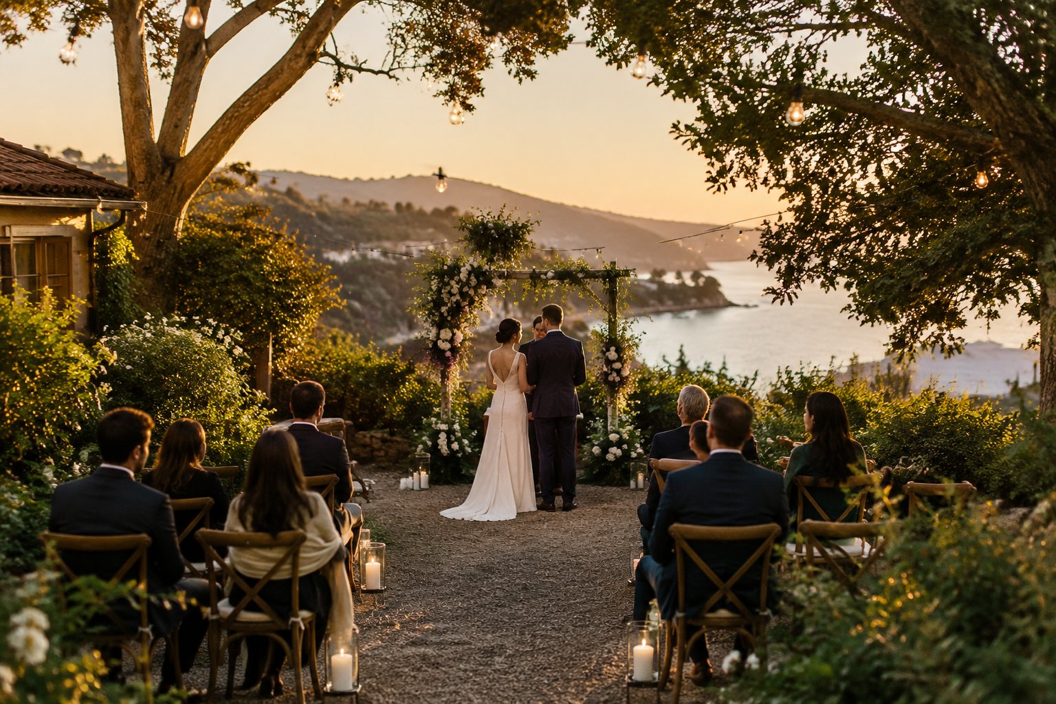 A couple exchanges vows beneath a floral arch in a small garden wedding ceremony.